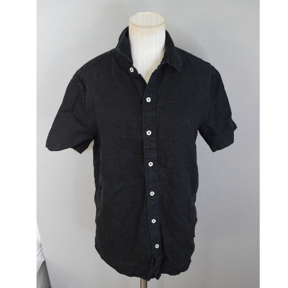 Quince Relaxed Short Sleeve Shirt Small Black 100% European Linen Women Top